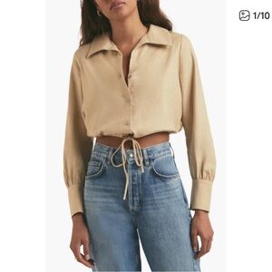 Favorite Daughter The Parker Linen Blend Button Front Collared Drawstring Top